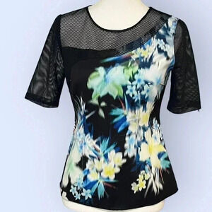 Elie Tahari size S gorgeous floral scuba and mesh top with zip back EUC